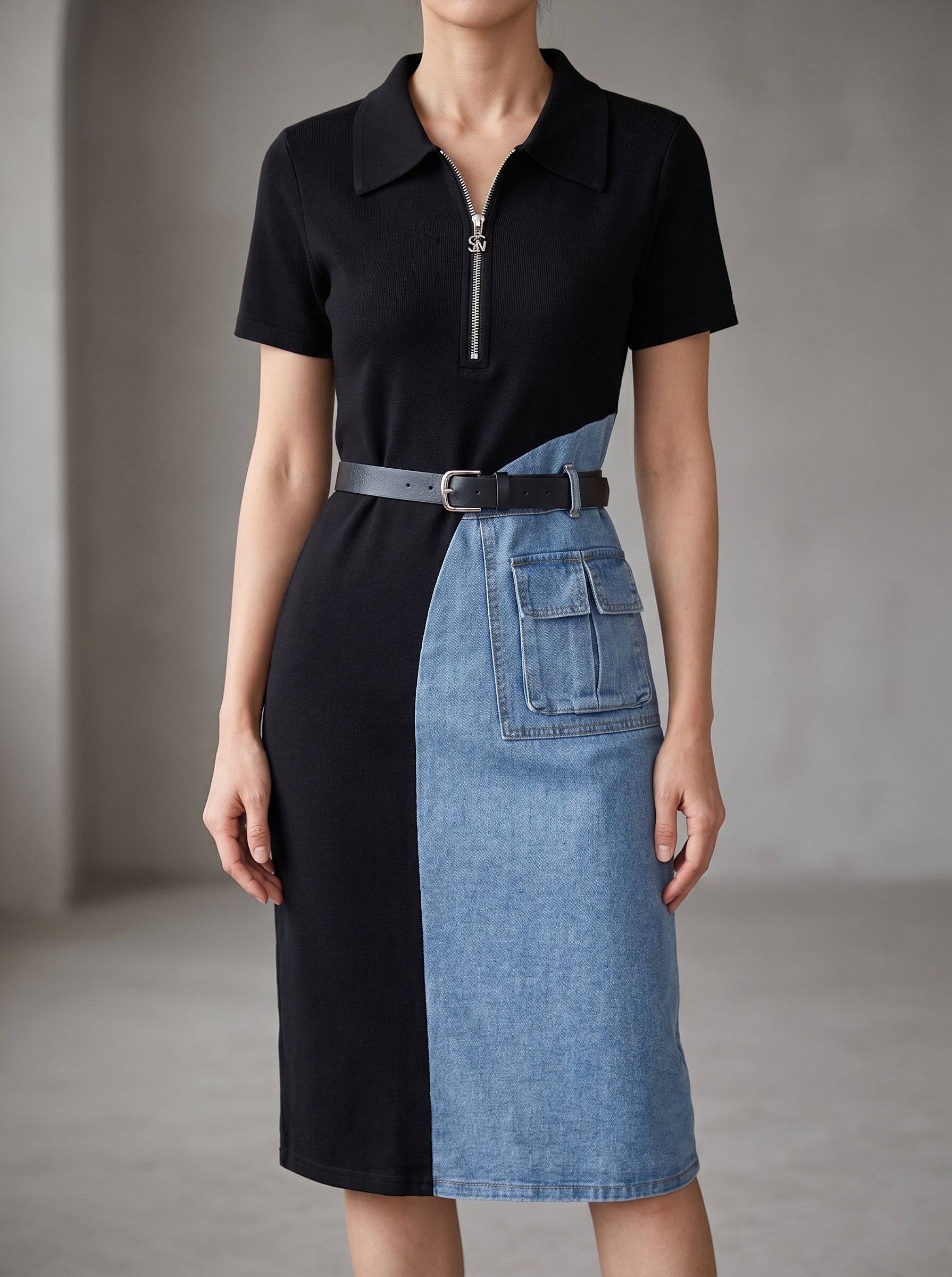 Women's Color Block Denim Patchwork Zip Front Midi Dress Belted Short Sleeve — Plus Size Available