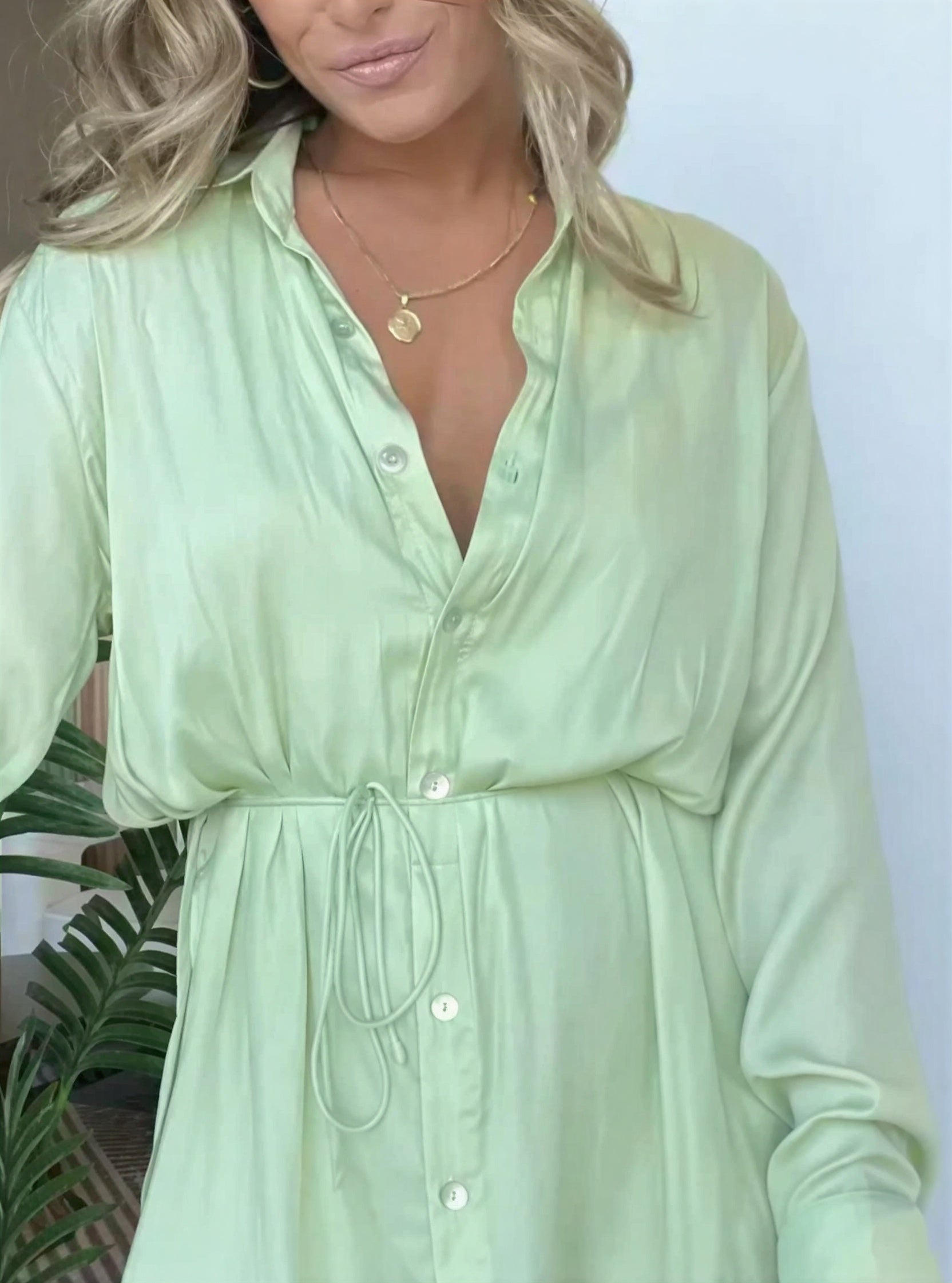 Women's Satin Shirt Mini Dress Long Sleeve Tie Waist Button-Down — Plus Size Available