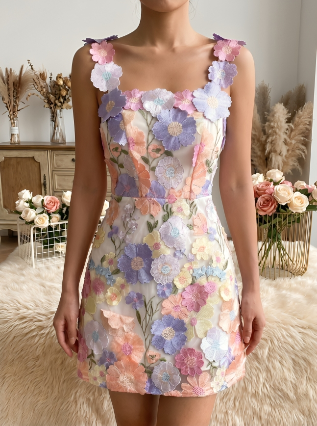 Women's 3D Floral Embroidered Tie Waist Mini Dress Spaghetti Strap — Wedding Guest Garden Party Dress